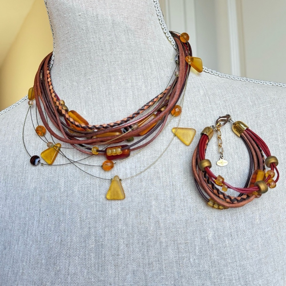 🌟 VINTAGE Unique Women's Leather and Light Amber Stones Necklace and Bracelet S